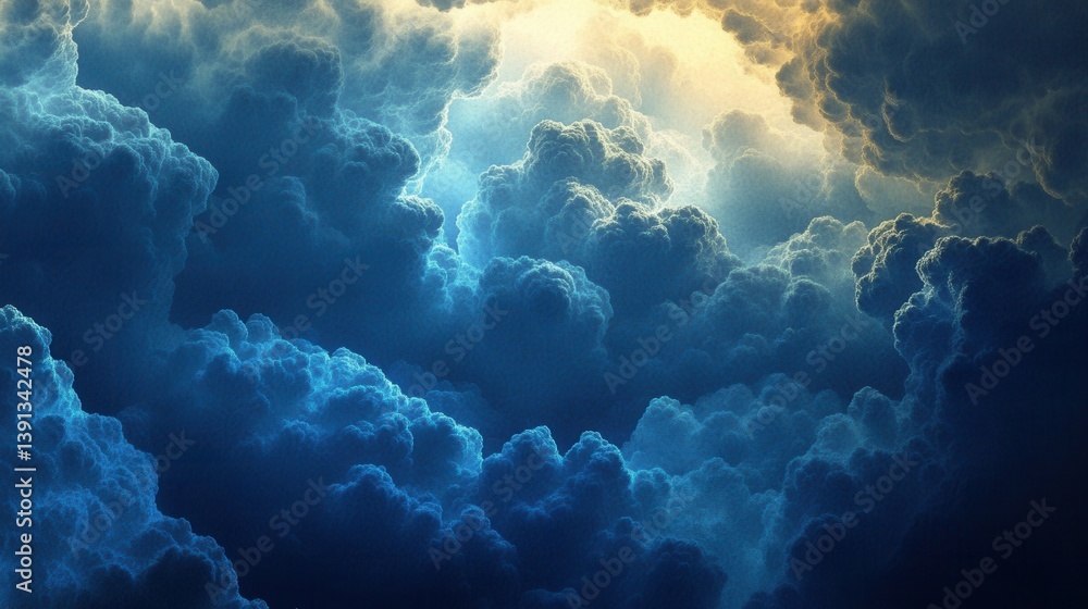 Poster ethereal blue clouds with golden light shining through creating a dreamy and surreal atmosphere perf