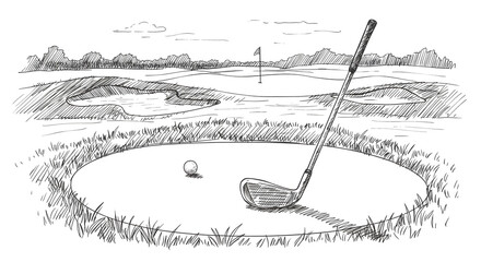 Golf ball and club ready to play on a golf course sketch
