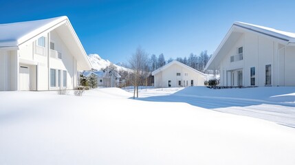 Snowy winter village with white houses