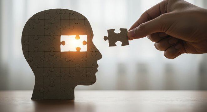 Hand placing puzzle piece in human head silhouette
