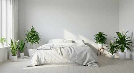 Minimalist bedroom with white bedding and green plants