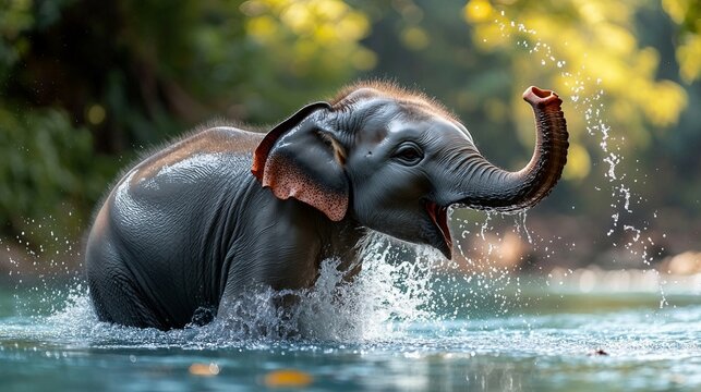 Single young elephant joyfully splashing water in a shallow river. Suitable for marketing or business purposes