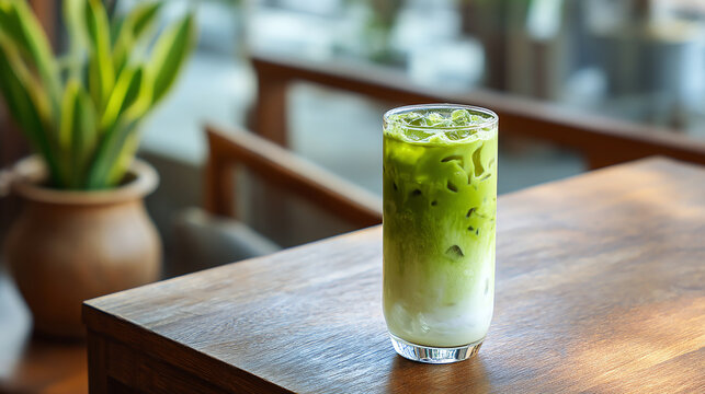 Iced matcha latte in tall glass, layered green and white