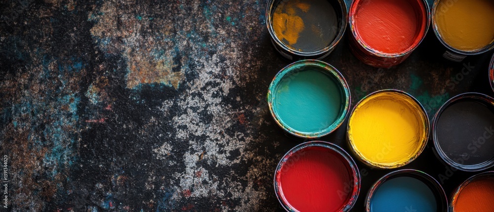 Poster vivid paints in open cans on textured backdrop create an artistic and colorful studio shot for creat