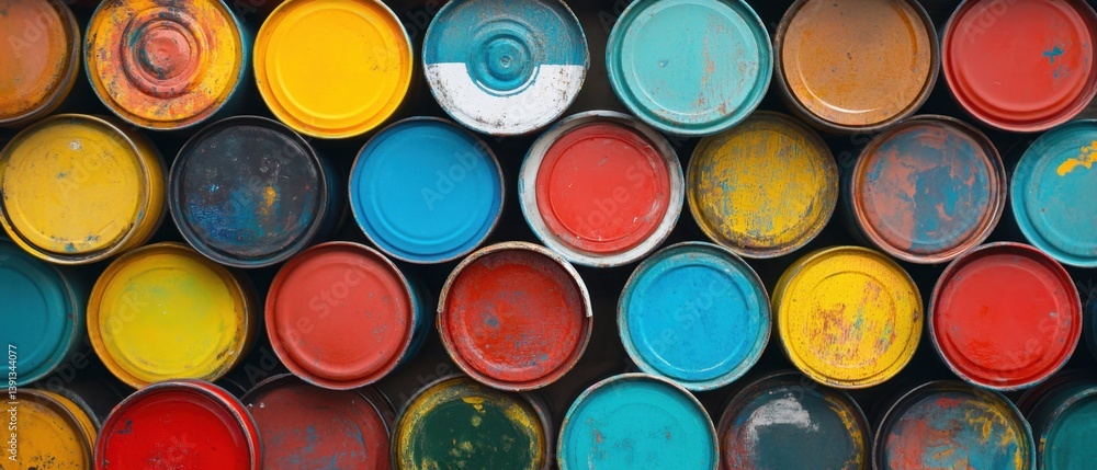 Poster array of vibrant paint cans in artistic composition capturing colorful palette and industrial textur
