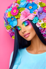 Colorful portrait shows a woman in a flower crown