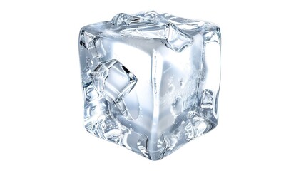 A perfectly formed crystal ice cube is distinctly isolated on a pristine white background, a remarkable creation brought to life by generative AI. The transparency and glistening surface of the ice 