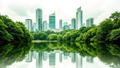 Fototapeta premium Double exposure effect of a lush green forest merged with modern city skyscrapers, visualizing the concept of a green city.