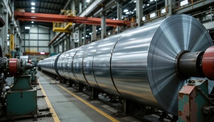 Large aluminum steel rolls in a modern industrial factory, showing manufacturing scale and precision.