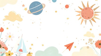 Cute Cartoon Sky Background with Clouds and Paper Plane