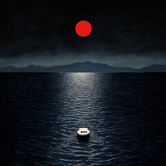red moon over sea painting