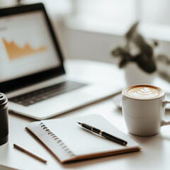 cup of coffee, laptop and notebook