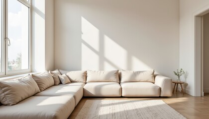 Fototapeta premium Minimal clean modern living room interior with a beige sofa, large window, soft daylight, and tidy cozy atmosphere.