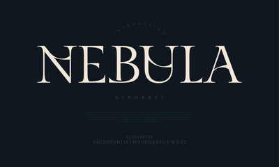 Nebula Modern Elegant Glamour Font Uppercase Lowercase Number and Symbol. Lettering Fashion Designs. Typography condensed serif fonts for design