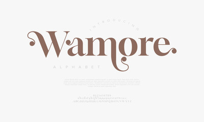 Wamore Modern Elegant Glamour Font Uppercase Lowercase Number and Symbol. Lettering Fashion Designs. Typography condensed serif fonts for design
