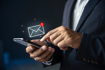 a man is checking his phone, with an unread message notification 
