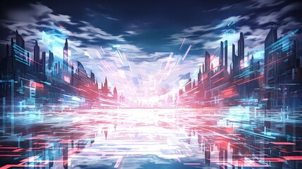 Fototapeta premium Futuristic cityscape showcasing innovative architecture and advanced technology against a dazzling skyline in a sci-fi inspired environment