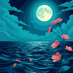 Obraz premium Moonlit Ocean Blooms: Stylized Nightscape with Pink Flowers and Turquoise Waves.