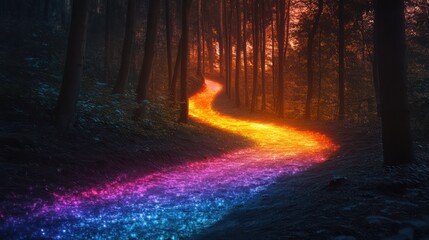 Magical glowing path winding through dark forest at night