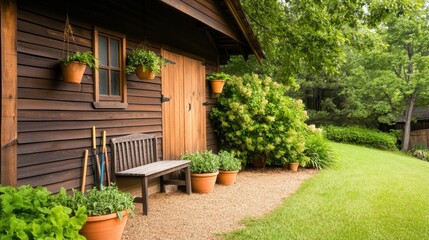 Fototapeta premium Cozy wooden shed surrounded by lush greenery and potted plants on a sunny day