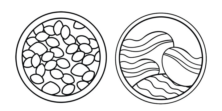 River Pabble Coasters Black and white beads and bag on a matching background evoke a concept 