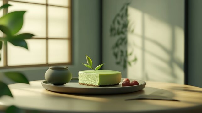 Matcha cheesecake, sunlit cafe, serene background, menu photo
