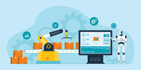 flat vector design future digital manufacturing with ai robotics automation working process concept