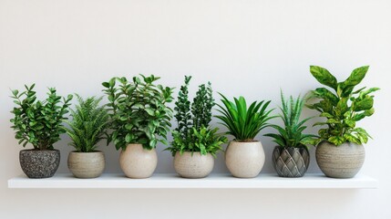 Obraz premium Indoor plants shelf, green foliage, white wall, minimalist home decor, website banner