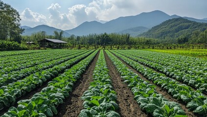 Lush green vegetable crops in rows, stretching out towards a mountain range under a partly cloudy sky.  Well-maintained farming plots, with rows of plants