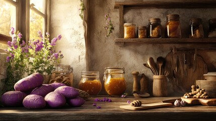 Fototapeta premium Rustic kitchen, purple potatoes, honey jars, autumn harvest, sunlit window, food photography