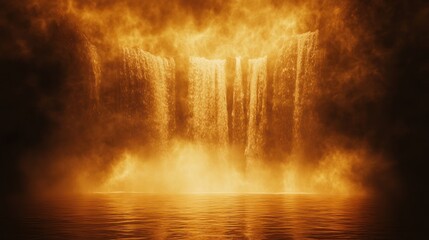 Obraz premium A dramatic waterfall scene illuminated in fiery hues, creating a surreal and mystical atmosphere.