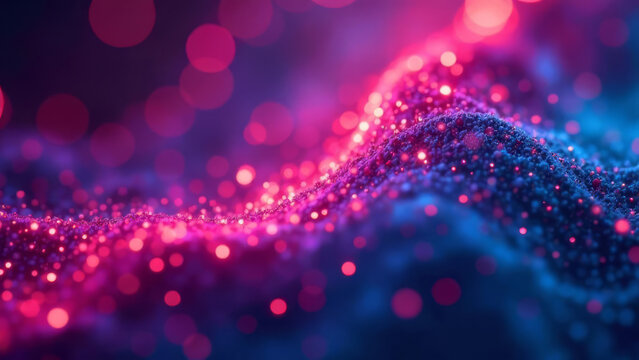 Dynamic fluid shapes in bright red, violet, and blue hues create modern abstract visual. Perfect for backgrounds, wallpapers or design templates with copy space. Shining waves of color.