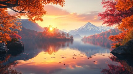 Naklejka premium Autumn sunrise lake, mountain reflection, foliage