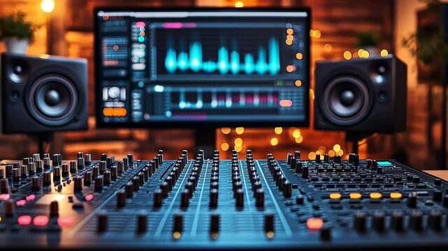 Modern audio mixing setup with digital workstation, speakers, and mixer for vibrant music creation and sound exploration.