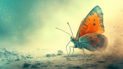 An orange butterfly resting gently near a dusty ground setting