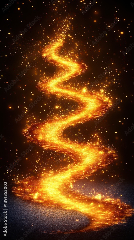 Poster winding river of golden light particles on dark background creating a magical and enchanting visual 