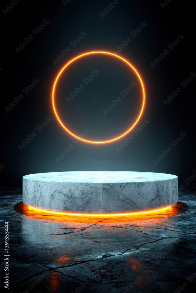 Poster elegant concrete podium with glowing orange circle on dark background for product display and presen