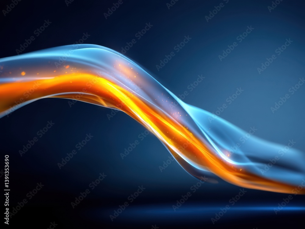Poster abstract flowing energy wave with vibrant orange and blue hues on a dark background creating a dynam