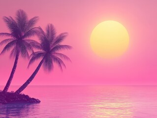 Retro 90s summer aesthetic with neon palm trees and a pinkandorange gradient sky over the ocean