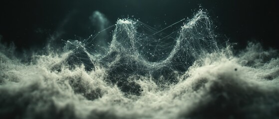 Ethereal network connecting distant points over a misty landscape creating a futuristic and technological atmosphere with a dark background and a low angle