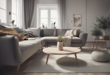 cozy sofa 3d render scandinavian decor minimal interior wall wooden background floor room home pastel mock trend furniture warm cosy empty colours hipster living design pillow natural couch white up