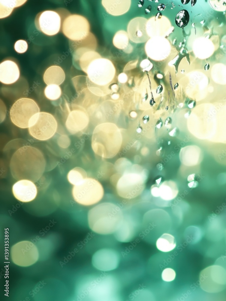 Poster enchanting bokeh lights and water droplets on glass creating a dreamy ethereal atmosphere with a sof