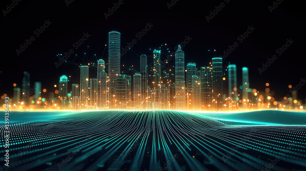 Aufkleber futuristic city skyline illuminated with glowing lines and lights, representing technology and innov