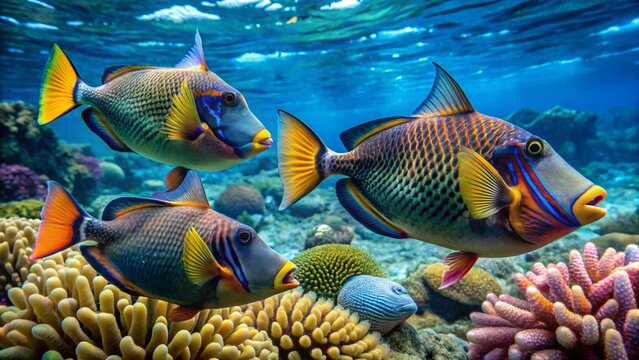 three colorful trigger fishes swimming near San Benedicta Island
