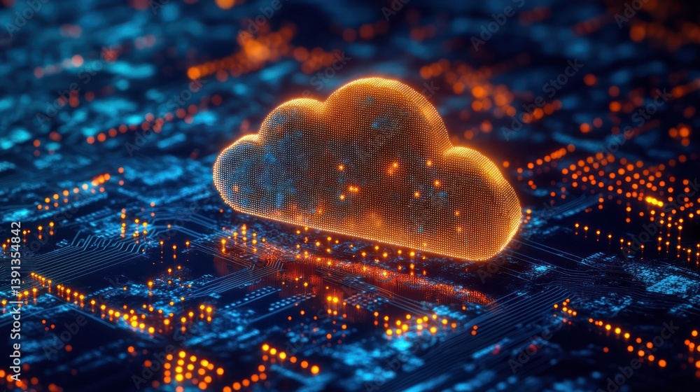 Poster glowing cloud computing icon on circuit board, digital data center, network technology, future tech