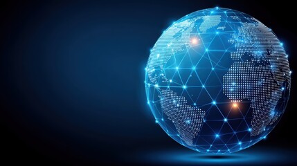 A glowing digital globe with a network of interconnected dots and lines, symbolizing global connectivity and technology.