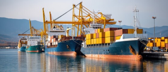 A serene port scene featuring cargo ships docked at a harbor, surrounded by mountains and clear skies, showcasing industry and transport.