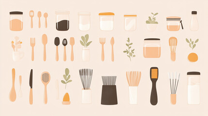 Collection of eco-friendly kitchen utensils and containers. 
