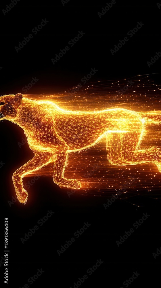Poster digital cheetah running with glowing light trails on black background capturing speed and energy in 