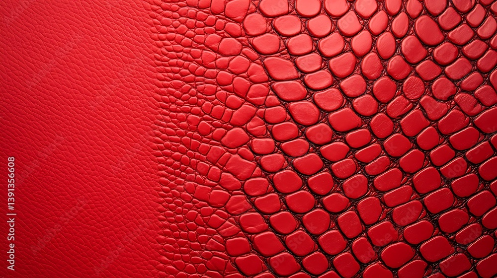 Poster a close-up view of vibrant red textured leather, featuring a striking crocodile pattern alongside a 
